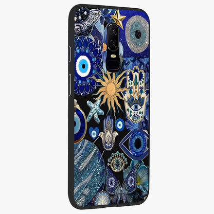 Evil Eye Charm Mix Glass Case upright view showcasing mystical evil eye pattern with vibrant decorative style.