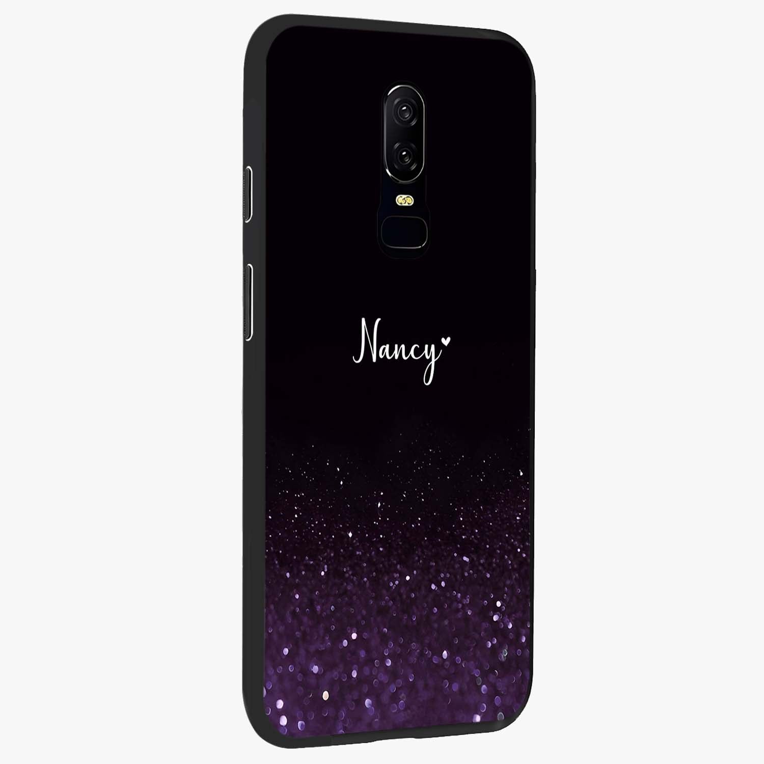 Glittery Purple Bokeh Custom Name Glass Case upright view showcasing vibrant purple sparkle artwork with personalized aesthetic style.