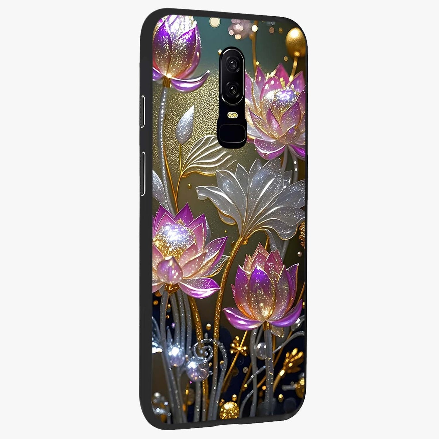 Golden Floral Majesty Glass Case upright view showcasing majestic floral artwork with rich decorative theme.