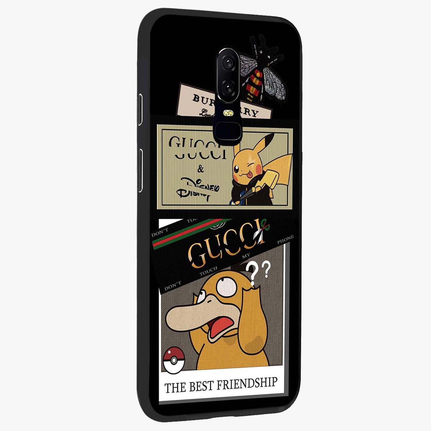 Gucci Play Mashup Glass Case upright view showcasing trendy luxury inspired artwork with modern fashion theme.