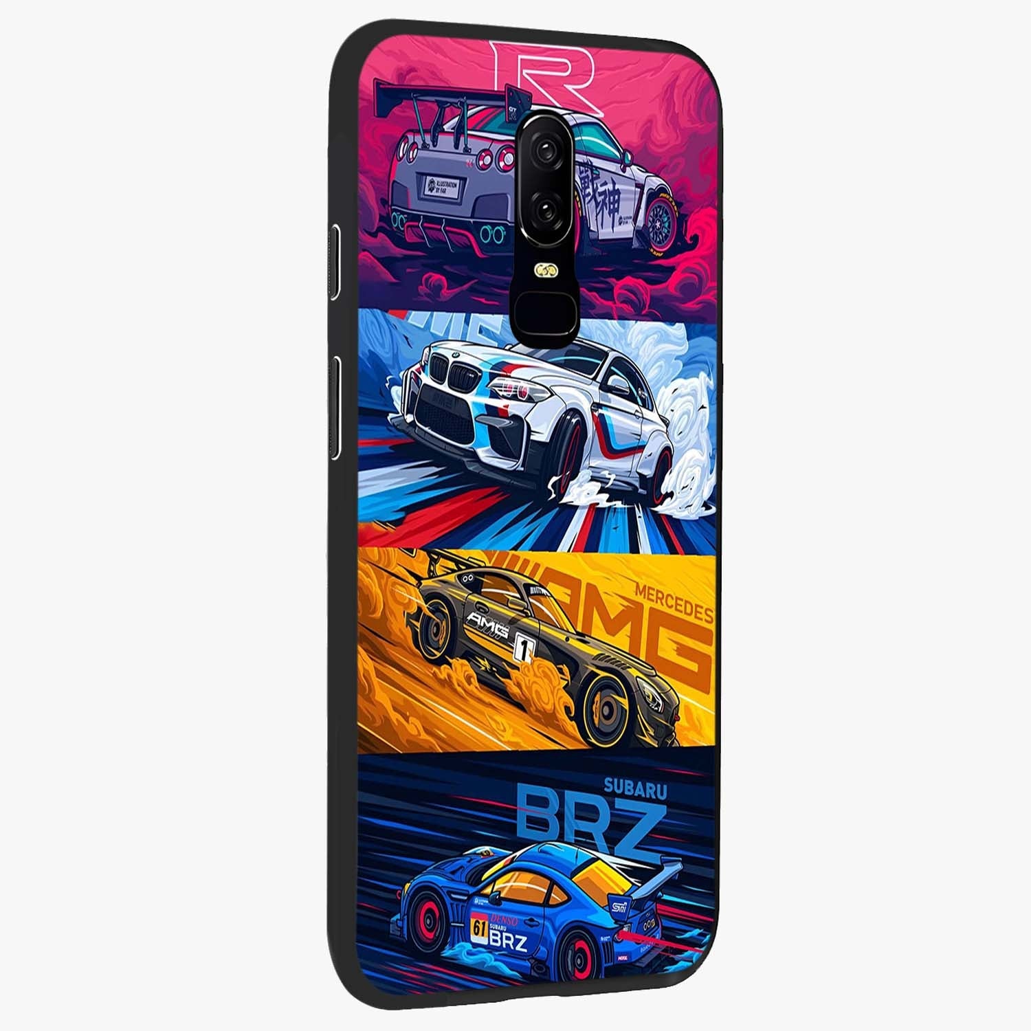 JDM Sports Car Glass Case upright view showcasing dynamic sports car artwork with bold racing theme.