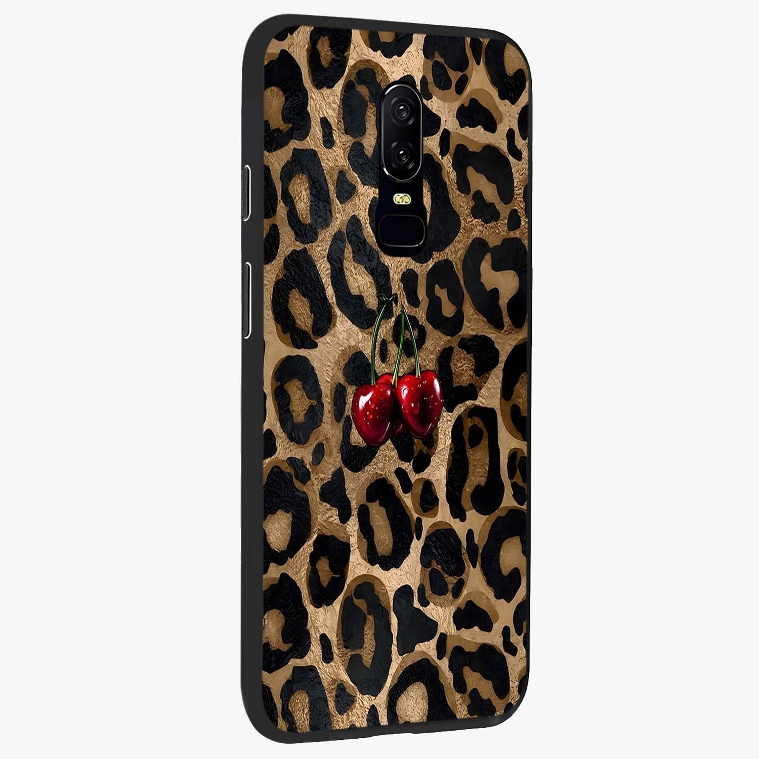 Leopard Wild Cherry Glass Case upright view showcasing stylish leopard pattern artwork with trendy fashion theme.