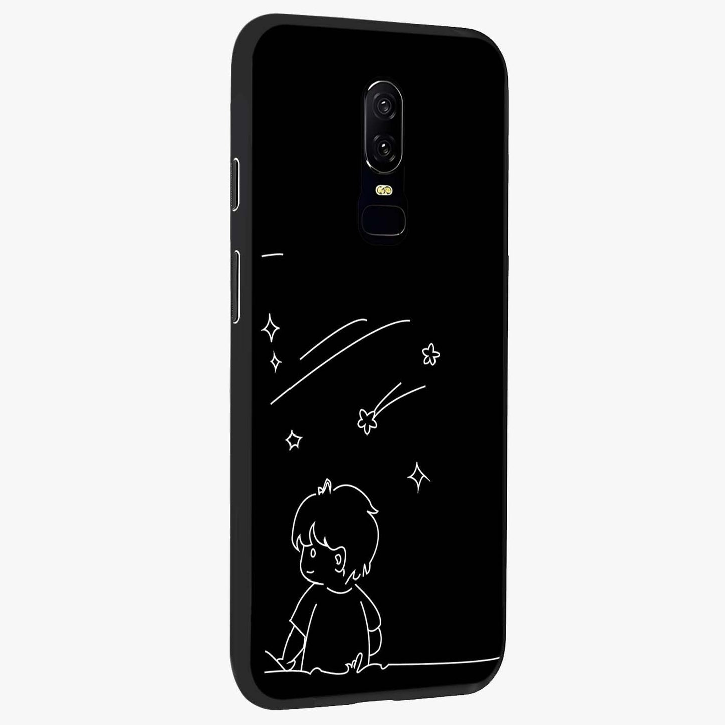 Line Art Boy With Shooting Stars Glass Case upright view showcasing artistic shooting star illustration with minimal style.