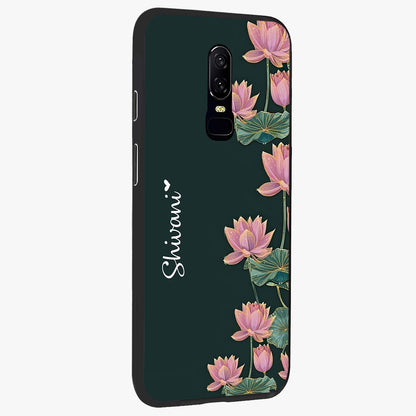 Lotus Bloom Serenity Custom Name Glass Case upright view showcasing serene lotus bloom artwork with personalized floral aesthetic.