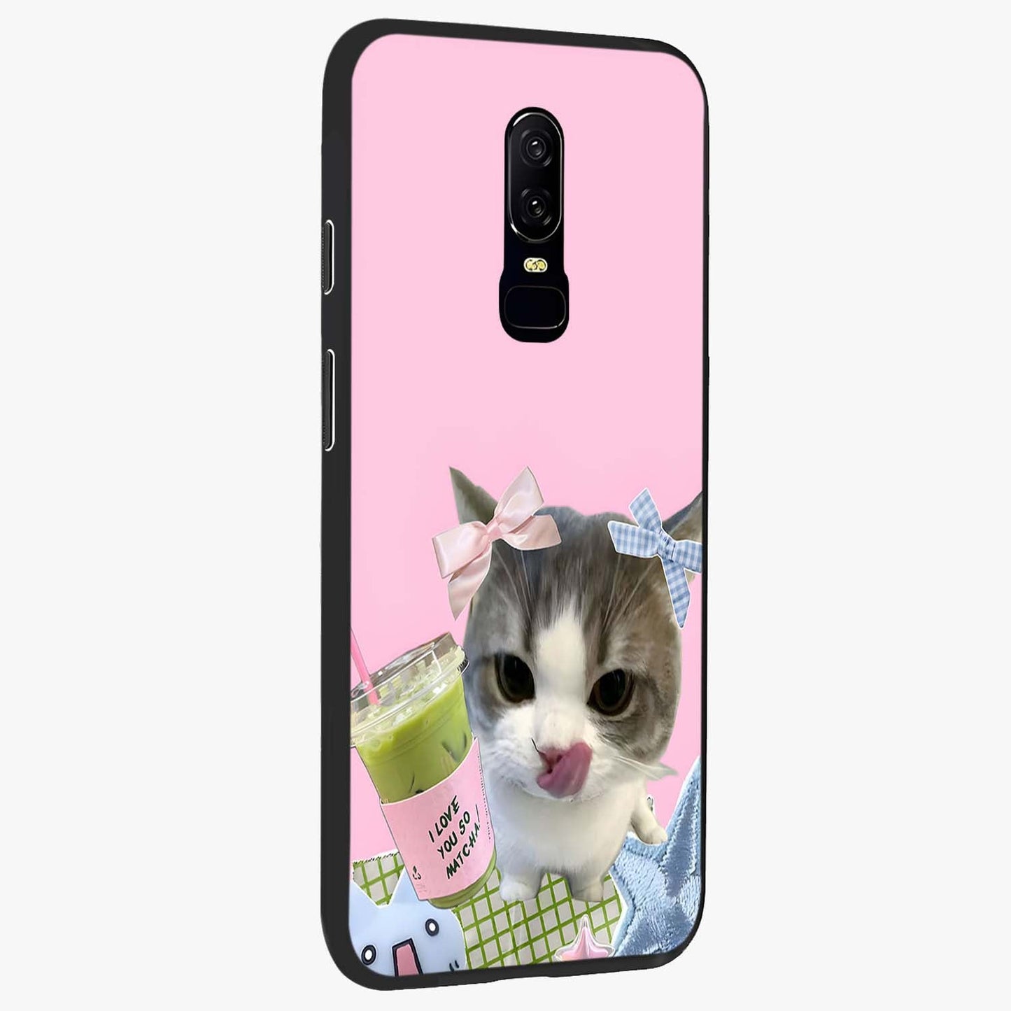 Love Matcha Cat Glass Case upright view showcasing adorable cat artwork with charming matcha themed design.