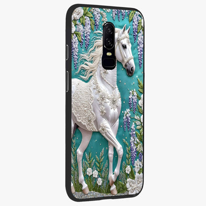 Majestic Floral Stallion Glass Case upright view showcasing dramatic horse artwork with decorative floral theme.