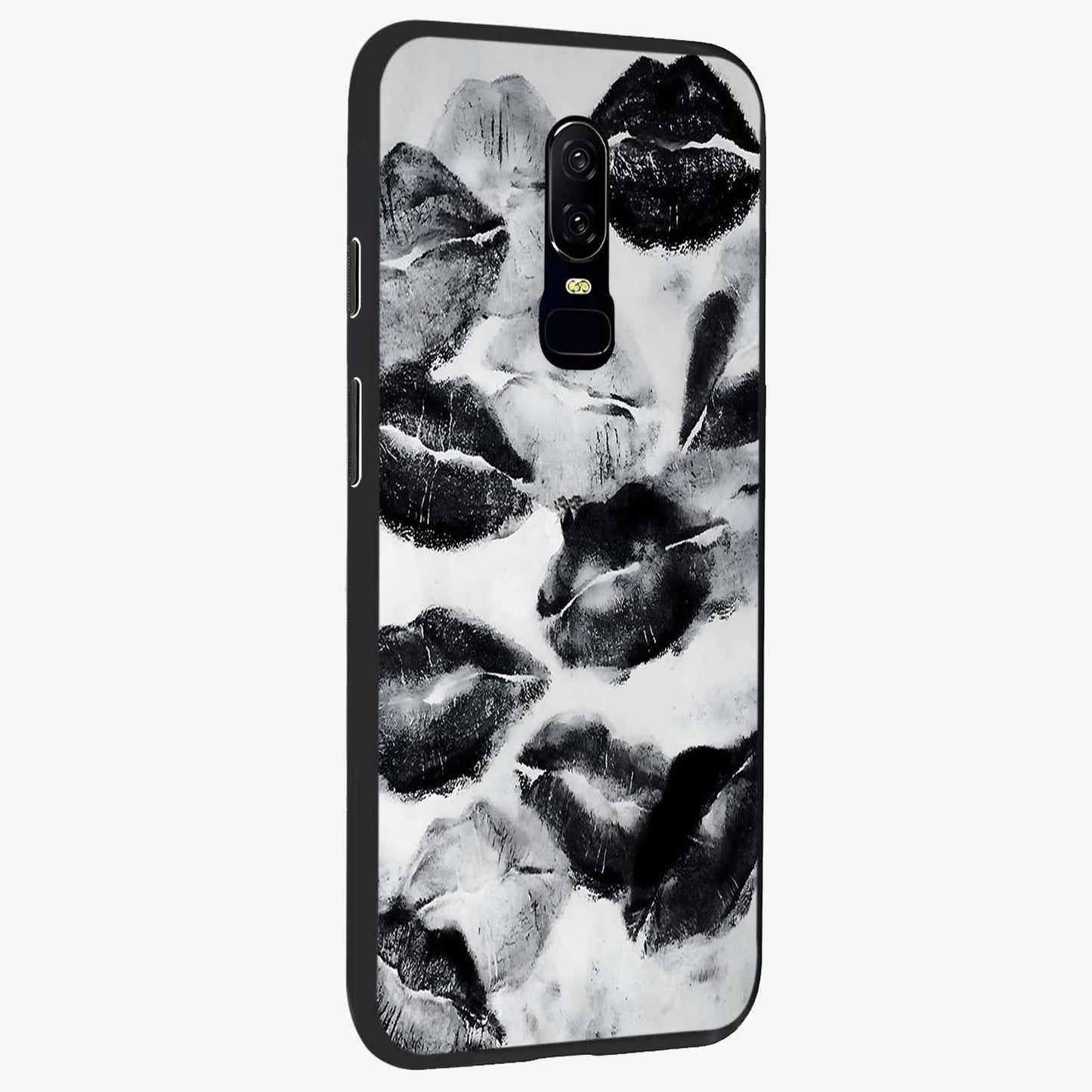 Midnight Kiss Marks Glass Case upright view showcasing stylish kiss mark artwork with trendy romantic theme.