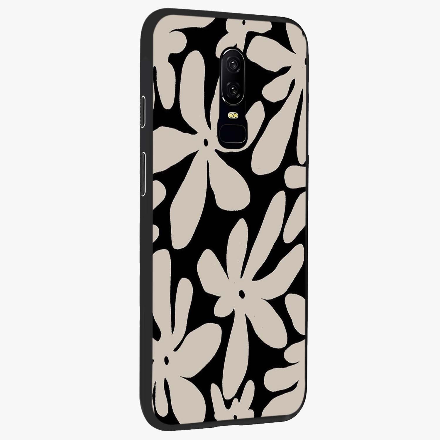 Monochrome Petal Dance Glass Case upright view showcasing artistic floral pattern with stylish monochrome theme.