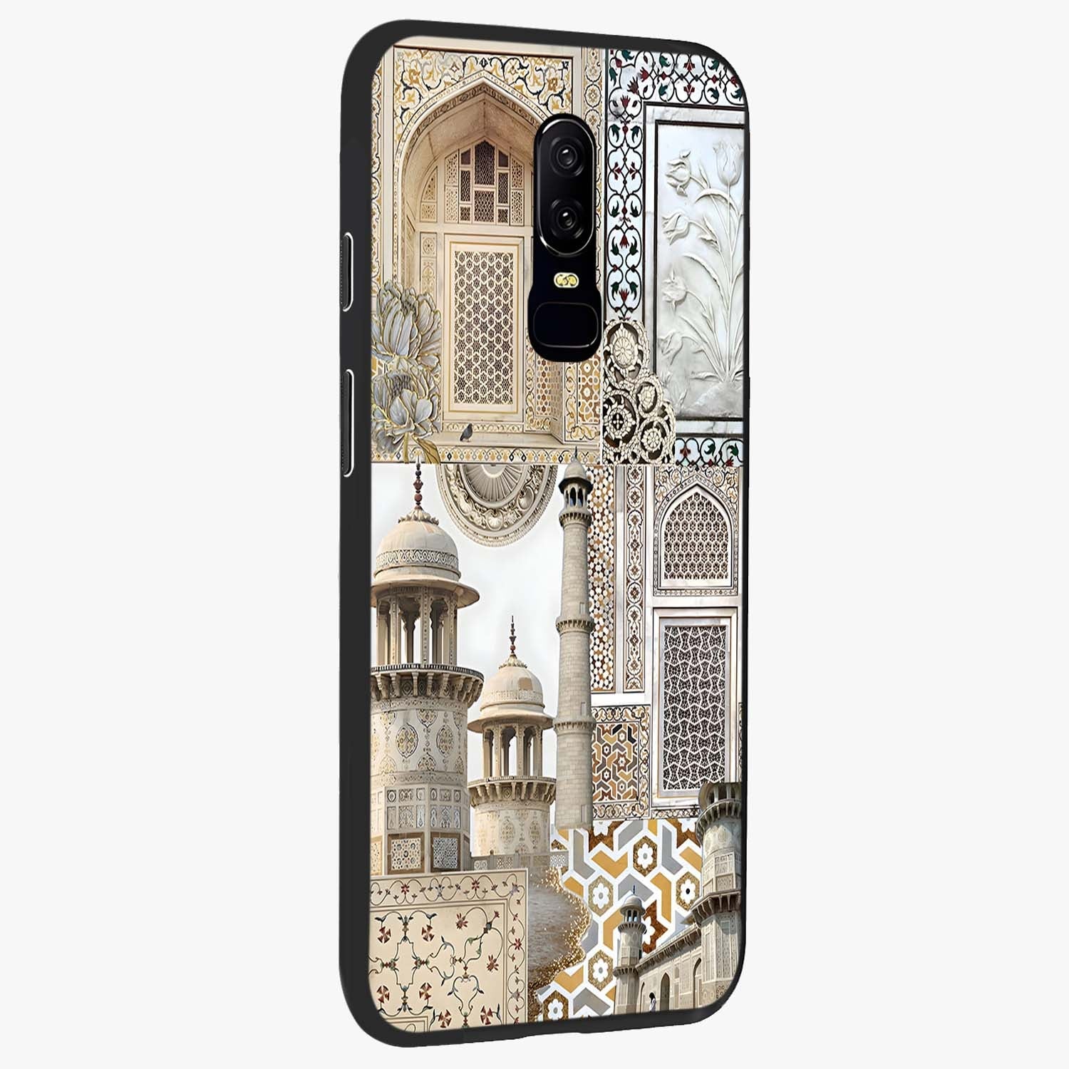 Mughal Marble Legacy Glass Case upright view showcasing ornate Mughal design with luxurious traditional theme.