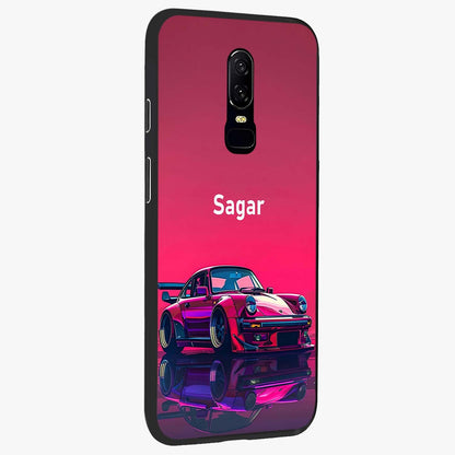 Neon Pink Porsche Glass Case upright view showcasing vibrant sports car artwork with bold automotive theme.