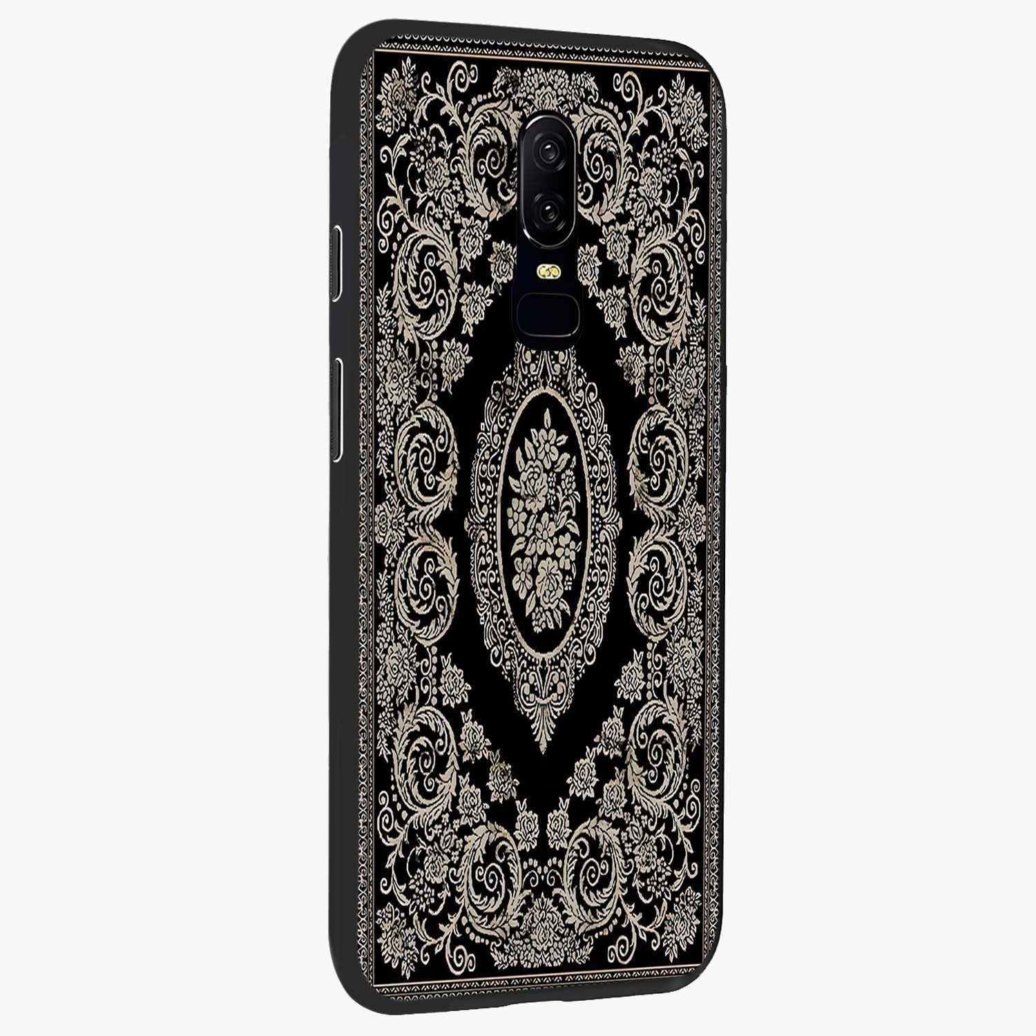 Noir Bloom Elegance Glass Case upright view showcasing graceful floral artwork with luxurious dark theme.