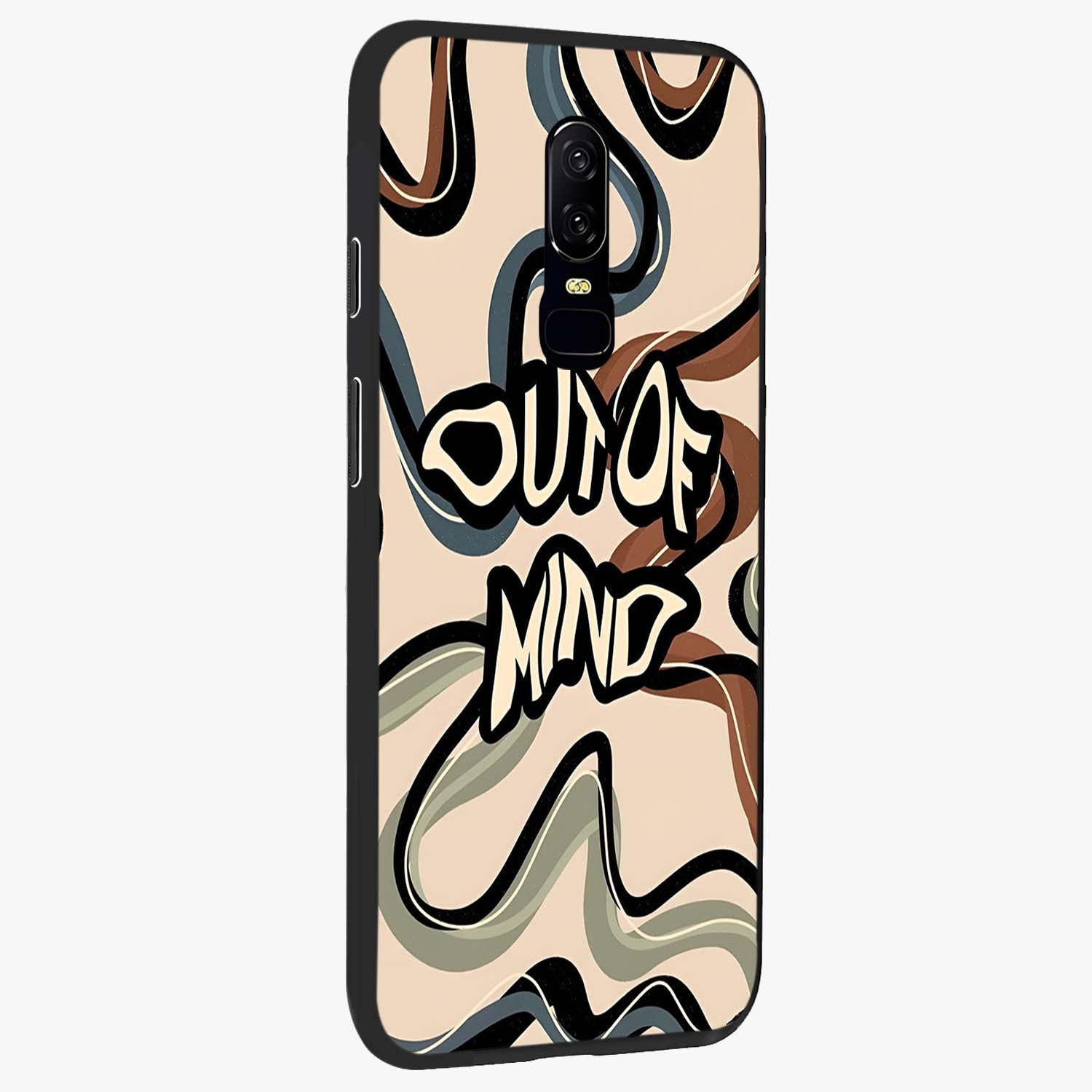 Out Of Mind Glass Case upright view showcasing striking typography artwork with edgy conceptual theme.