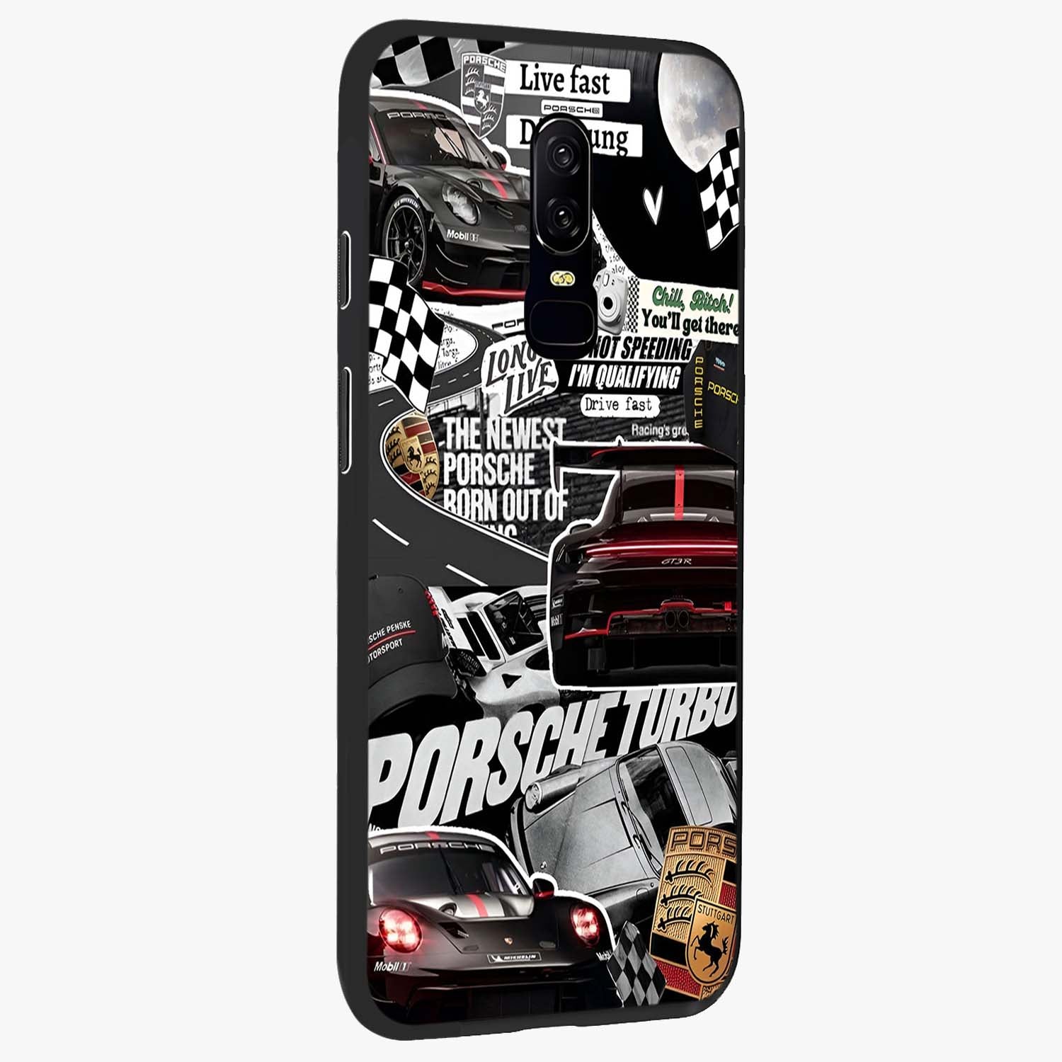 Porsche Racing Collage Glass Case upright view showcasing energetic car collage artwork with high speed racing theme.