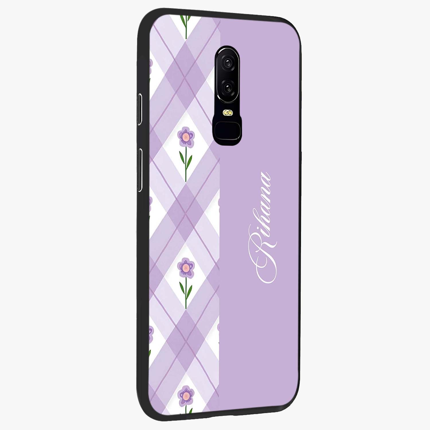 Purple Diamond Floral Glass Case upright view showcasing vibrant floral artwork with stylish geometric theme.