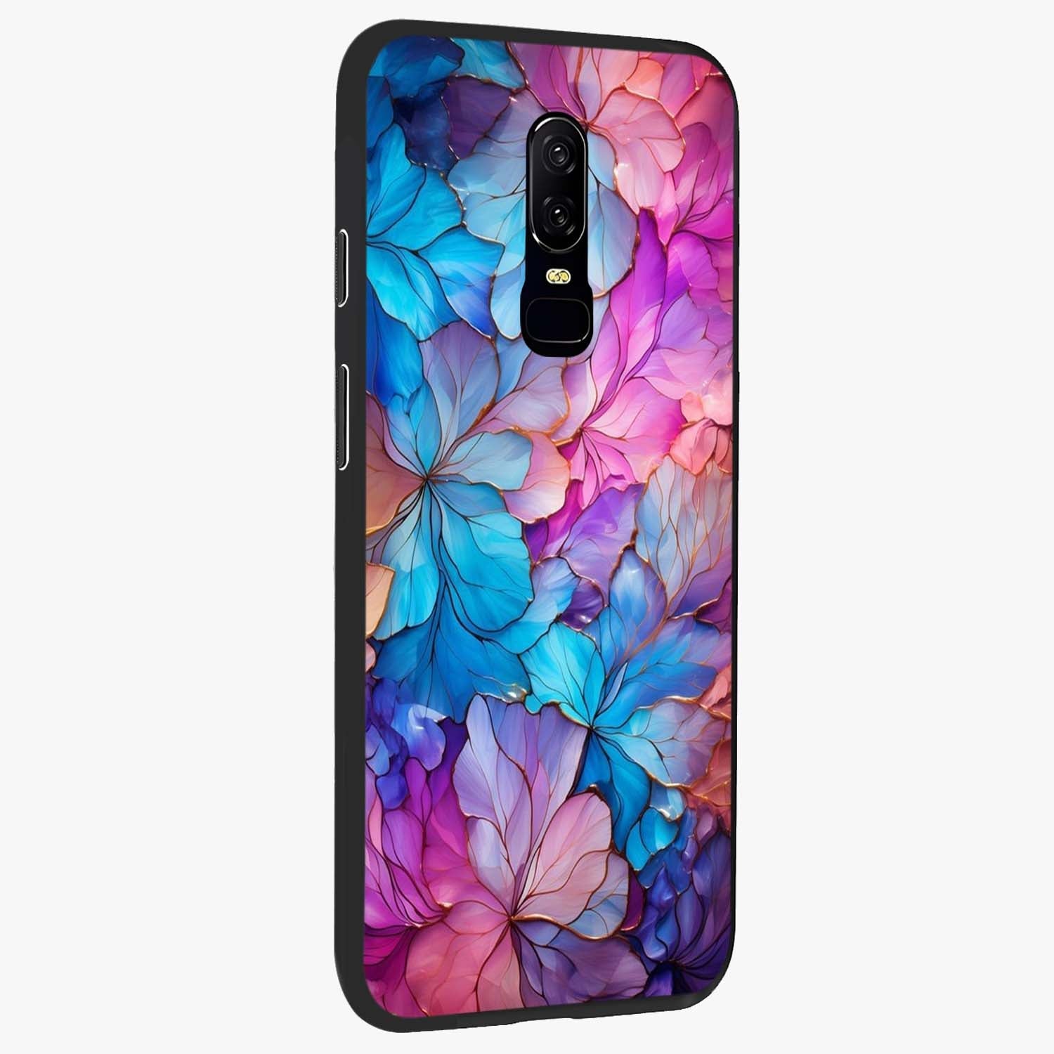 Radiant Floral Whirl Glass Case upright view showcasing lively floral artwork with decorative swirl theme.