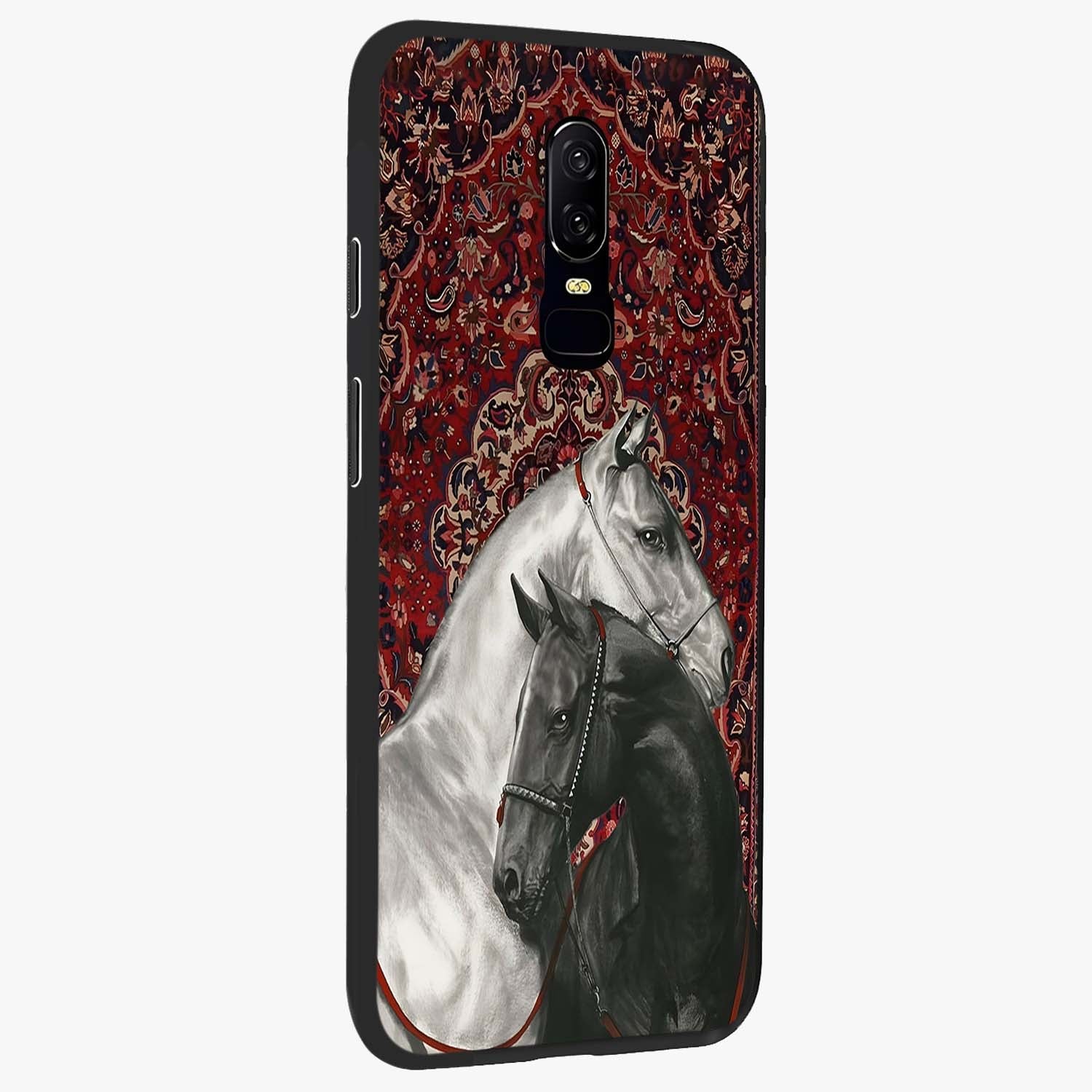 Regal Stallion Tapestry Glass Case upright view showcasing powerful horse artwork with elegant tapestry theme.