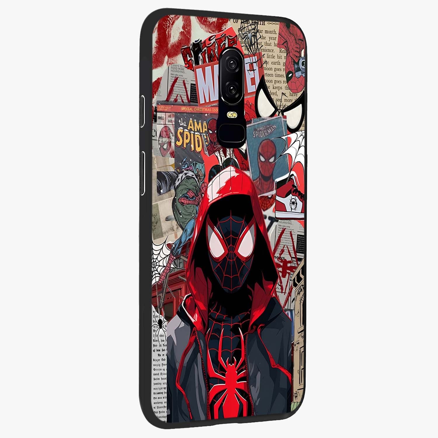 Spider Collage Street Glass Case upright view showcasing bold superhero artwork with urban street theme.