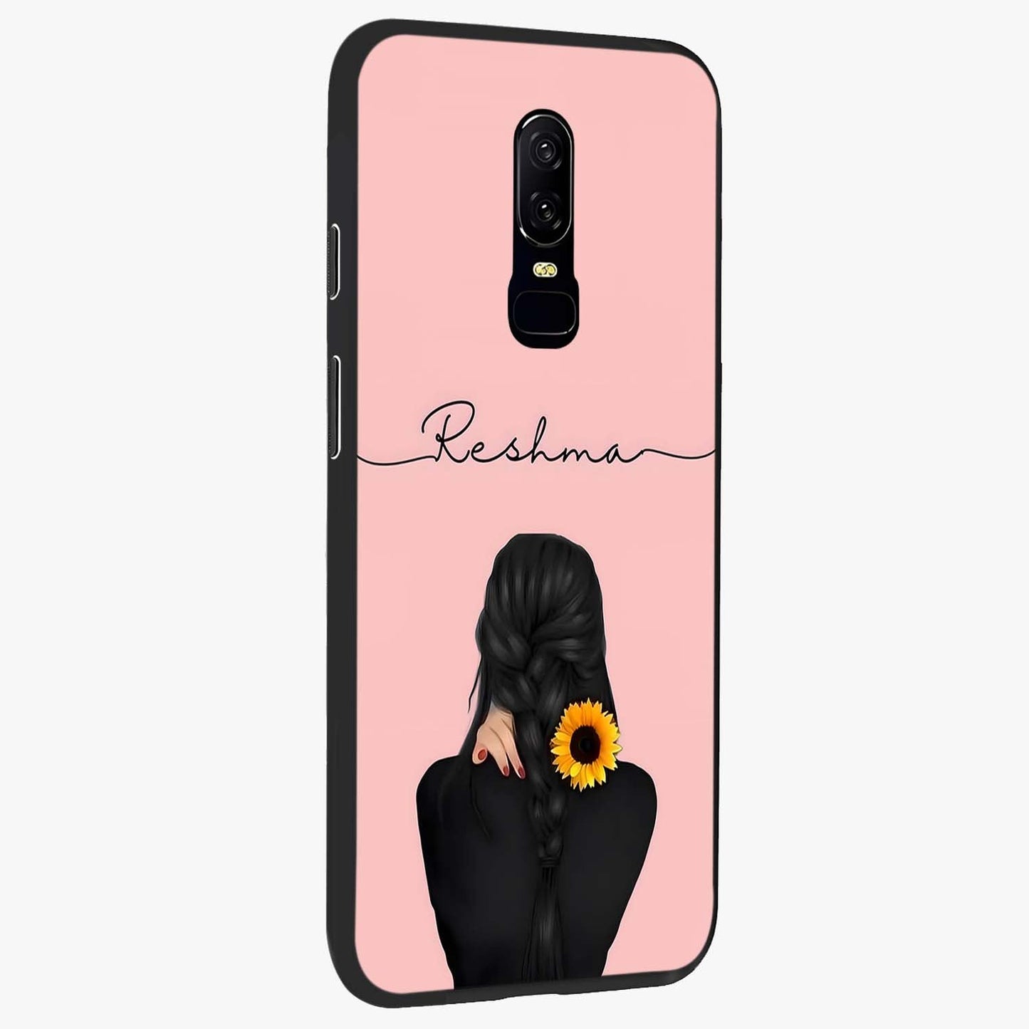 Sunflower Braid Beauty With Custom Name Glass Case upright view showcasing bright sunflower artwork with personalized floral aesthetic.
