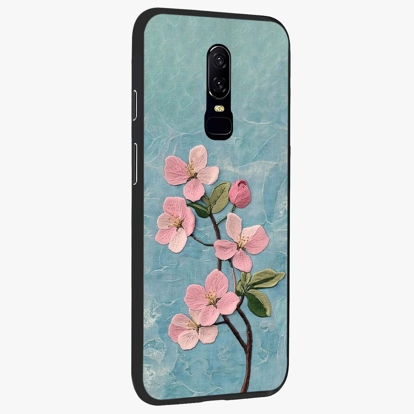 Threaded Blossom Breeze Glass Case upright view showcasing graceful flower artwork with calm botanical theme.