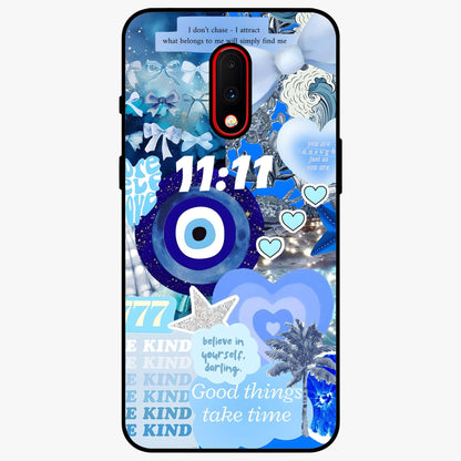 Aesthetic Be Kind Eye Glass Case showing flat back view with motivational eye artwork and glossy glass finish.