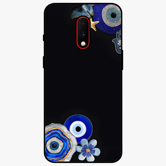 Aesthetic Blue Evil Eye Glass Case showing flat back view with protective evil eye artwork and glossy glass finish.
