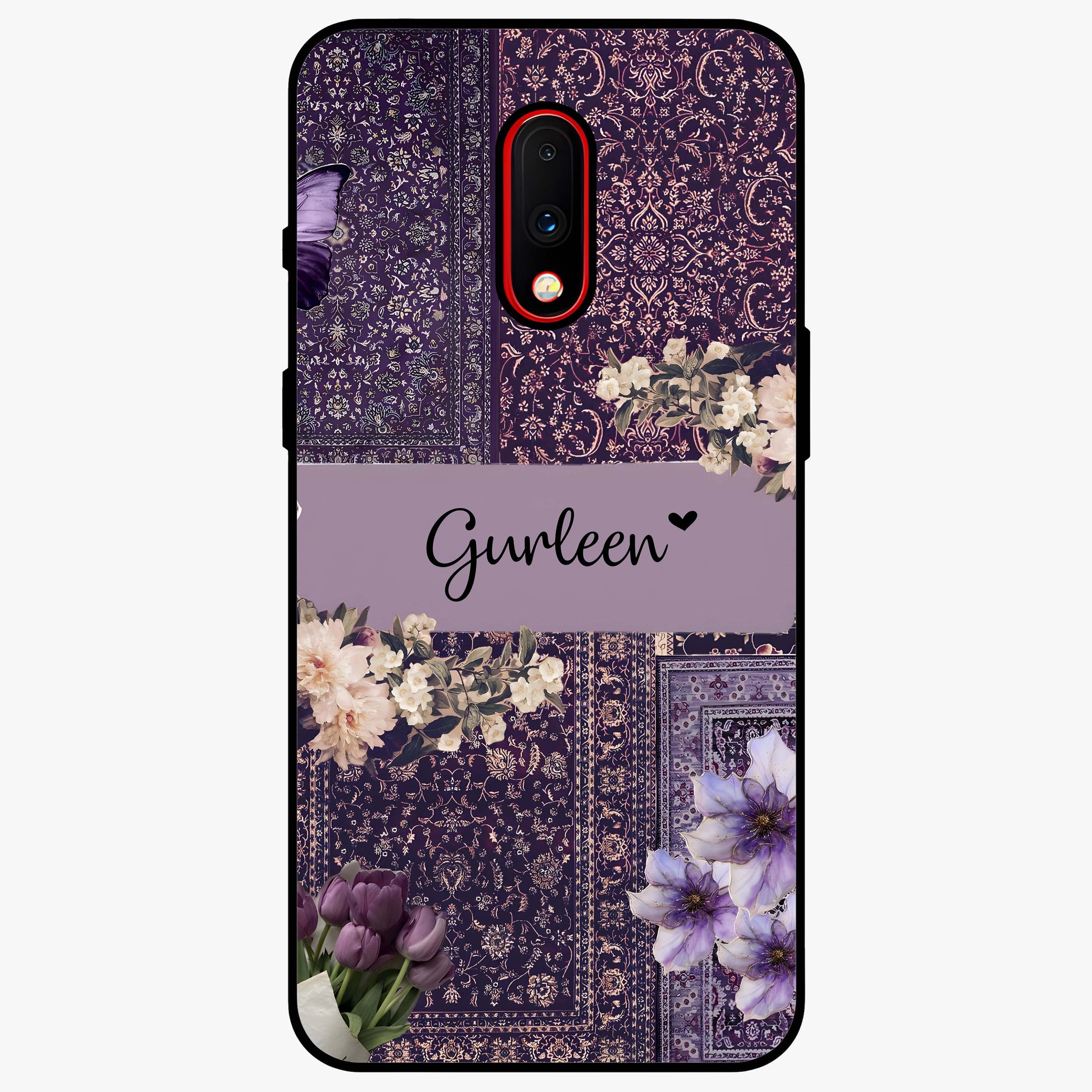 Antique Floral Whisper Custom Name Glass Case showing flat back view with vintage floral artwork and personalized name design.