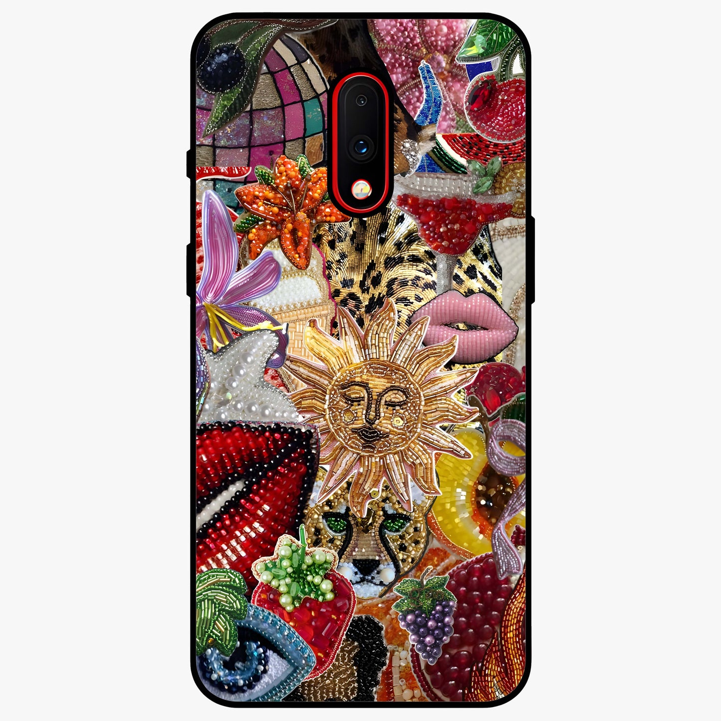 Beaded Fashion Jungle Glass Case showing flat back view with vibrant jungle inspired bead artwork and glossy glass finish.