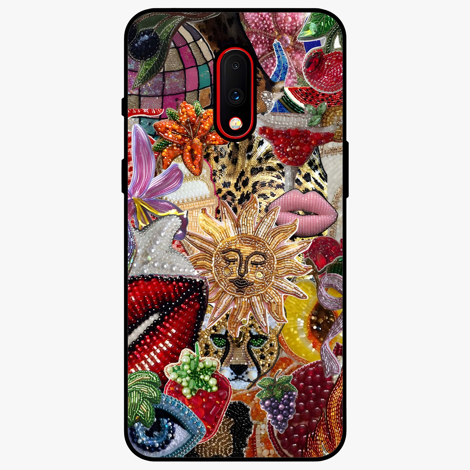 Beaded Fashion Jungle Glass Case showing flat back view with vibrant jungle inspired bead artwork and glossy glass finish.
