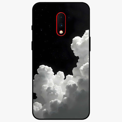 Black Background With White Cloud Glass Case showing flat back view with minimal cloud artwork on dark background and glossy glass finish.