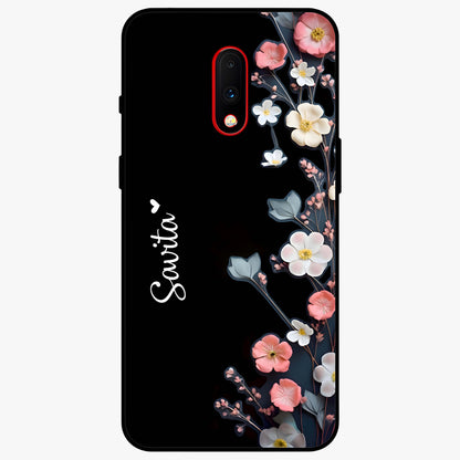 Black Elegance Floral Custom Name Glass Case showing flat back view with elegant floral artwork and personalized name design.