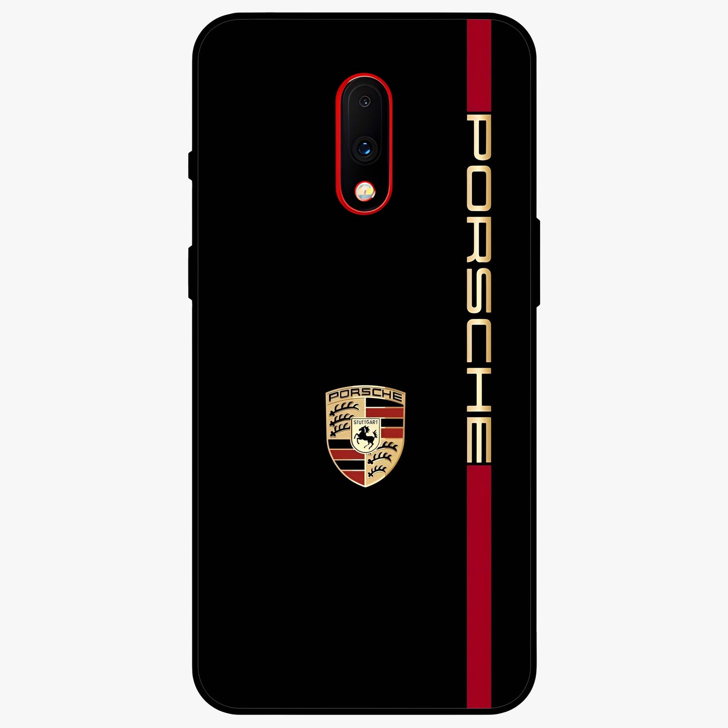 Black Minimal Porsche Glass Case showing flat back view with sleek minimal sports car artwork and glossy glass finish.