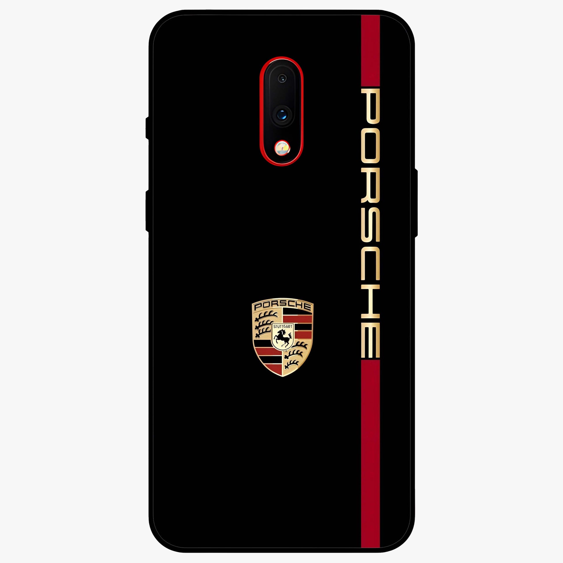 Black Minimal Porsche Glass Case showing flat back view with sleek minimal sports car artwork and glossy glass finish.