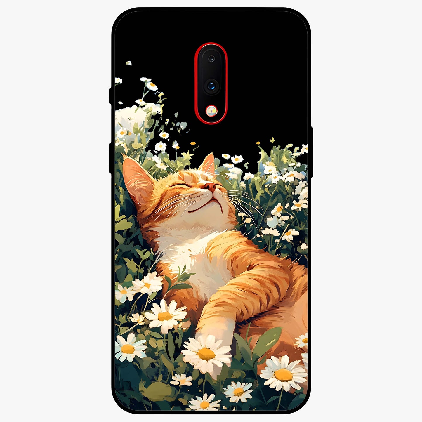 Blissful Bloom Cat Glass Case showing flat back view with cute cat and floral bloom artwork and glossy glass finish.