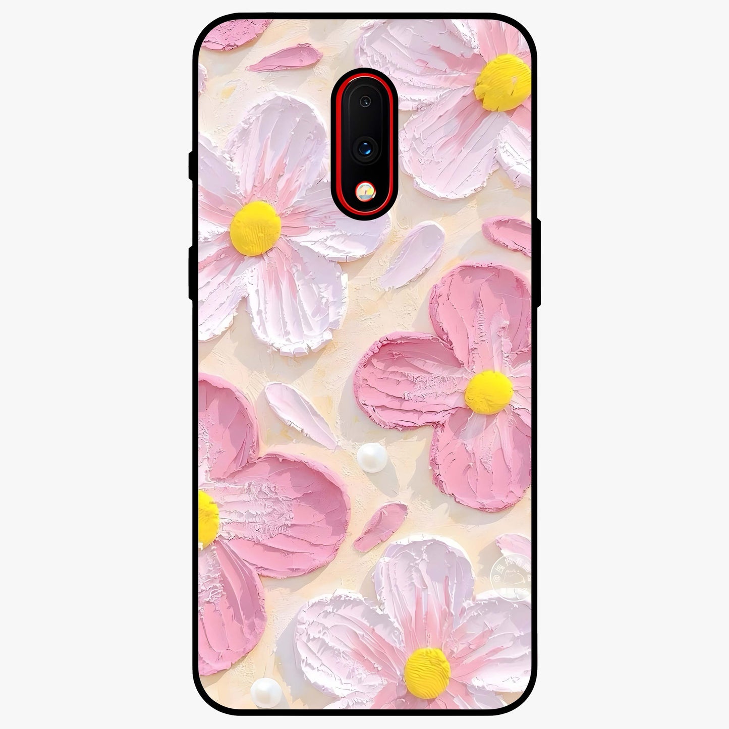Blush Bloom Texture Glass Case showing flat back view with soft blush floral texture artwork and glossy glass finish.