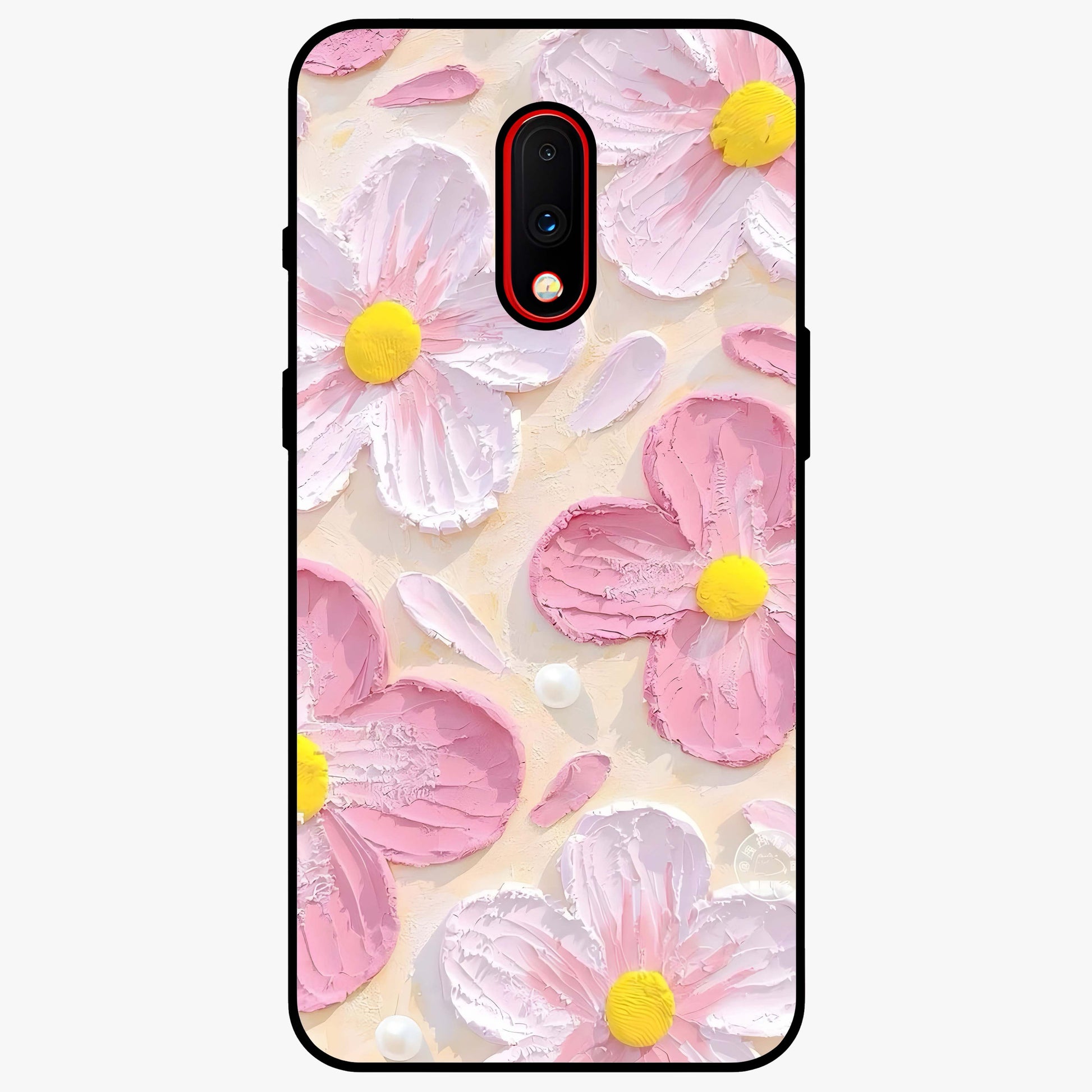 Blush Bloom Texture Glass Case showing flat back view with soft blush floral texture artwork and glossy glass finish.
