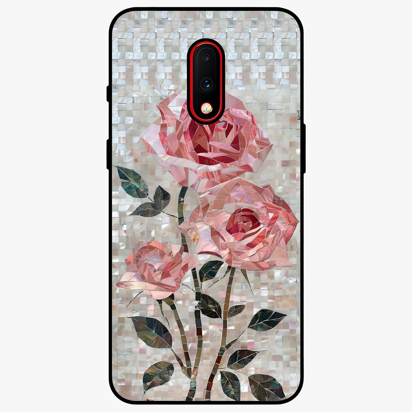 Blush Mosaic Bloom Glass Case showing flat back view with mosaic floral bloom artwork and glossy glass finish.