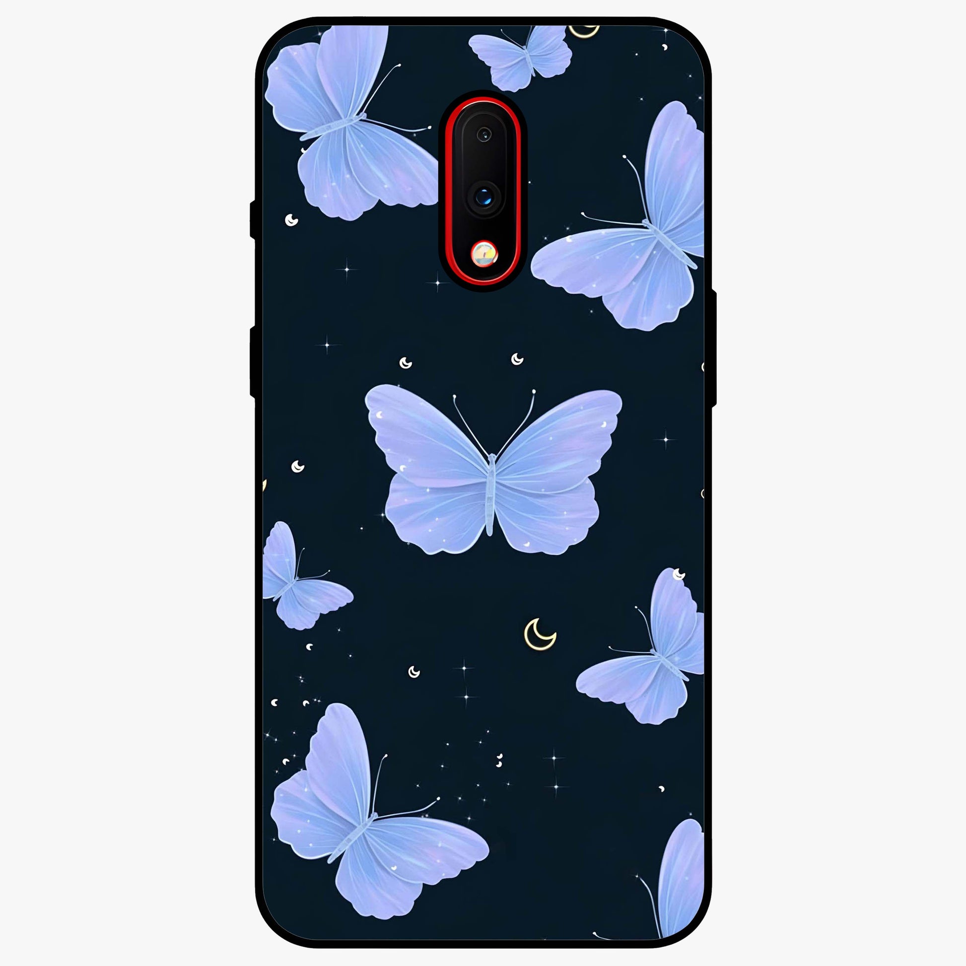 Butterfly With Stars Pattern Glass Case showing flat back view with butterfly and star pattern artwork and glossy glass finish.