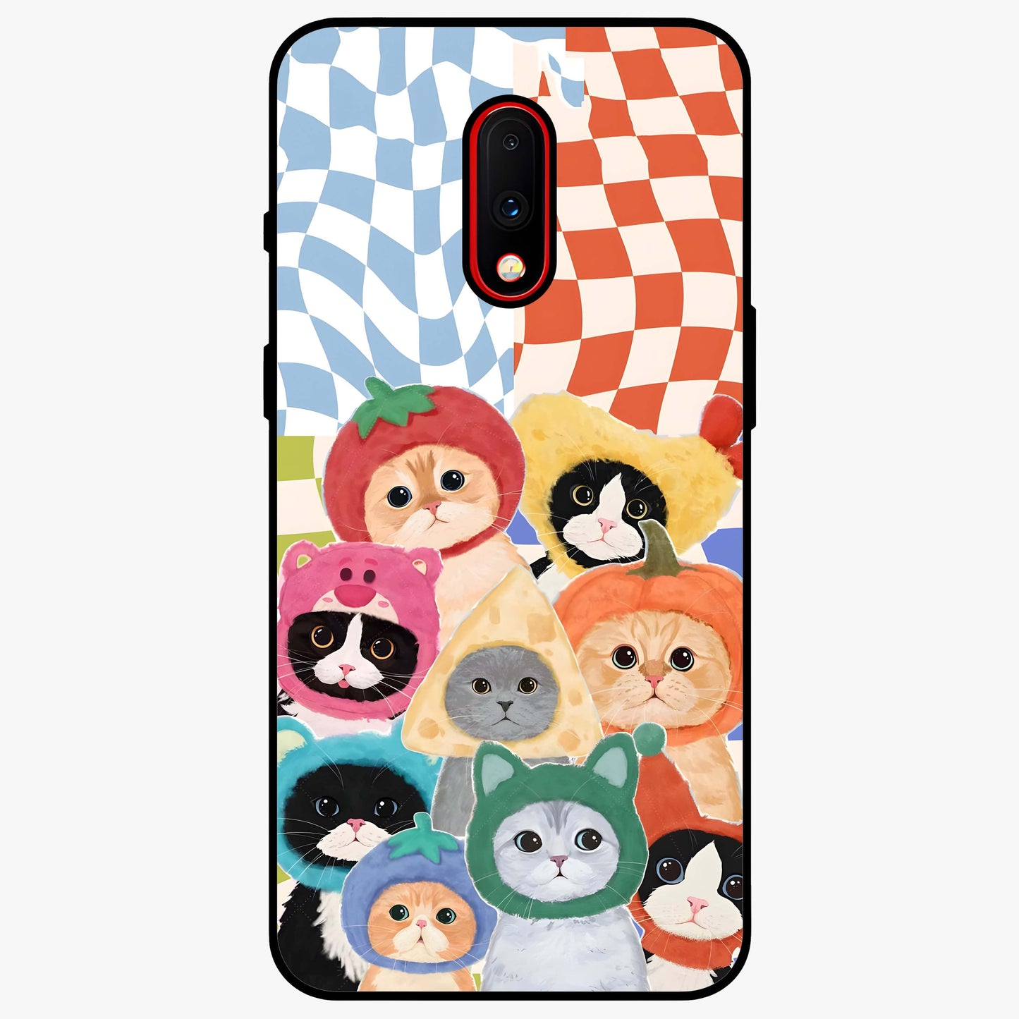 Cats in Fruits Glass Case showing flat back view with playful cat illustrations inside fruit artwork and glossy glass finish.