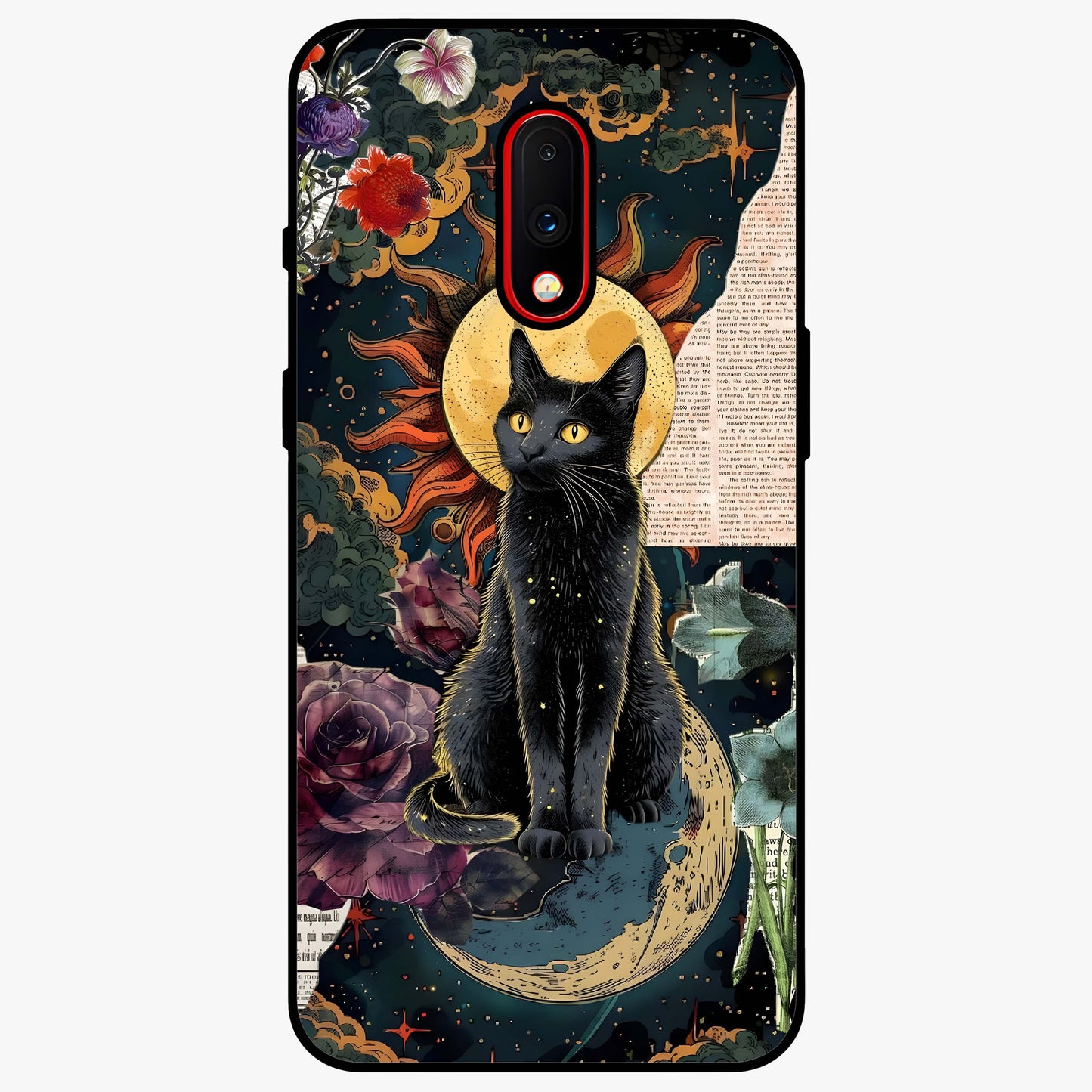 Celestial Black Cat Glass Case showing flat back view with mystical black cat artwork and glossy glass finish.