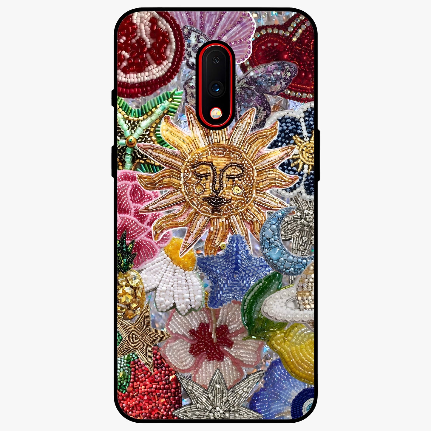 Celestial Floral and Playful Glass Case showing flat back view with floral and celestial themed artwork and glossy glass finish.