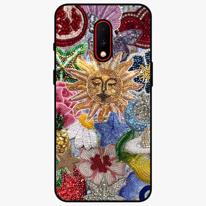 Celestial Floral and Playful Glass Case showing flat back view with floral and celestial themed artwork and glossy glass finish.