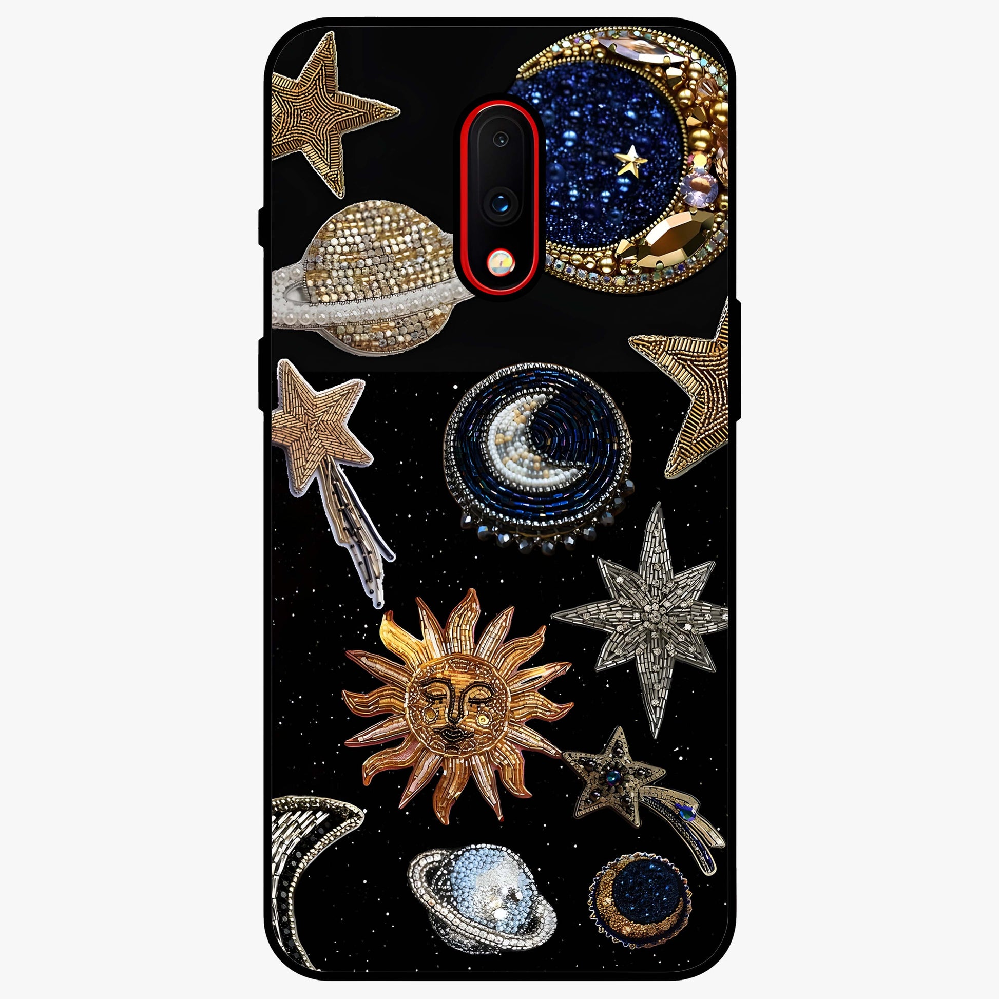 Celestial Gem Constellations Glass Case showing flat back view with sparkling constellation artwork and glossy glass finish.