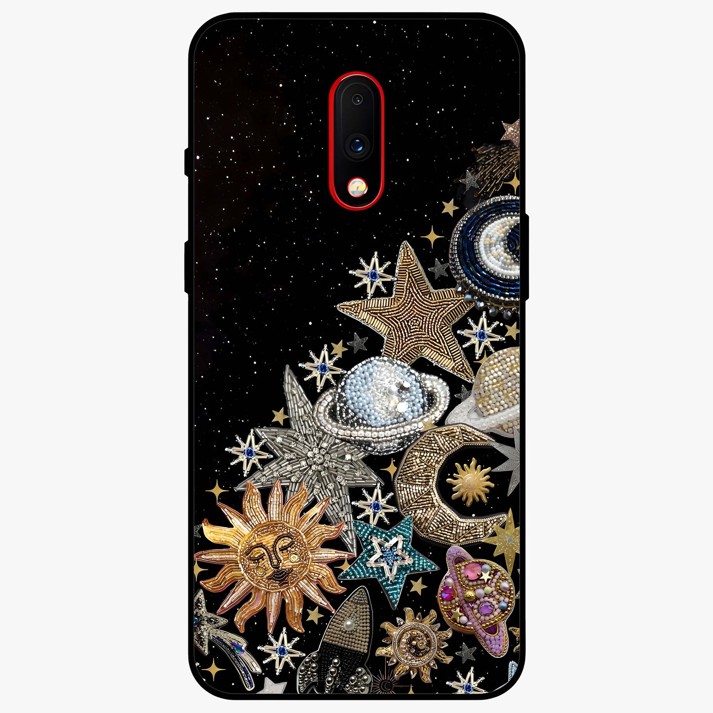 Cosmic Sparkle Dreams Glass Case showing flat back view with sparkling cosmic artwork and glossy glass finish.