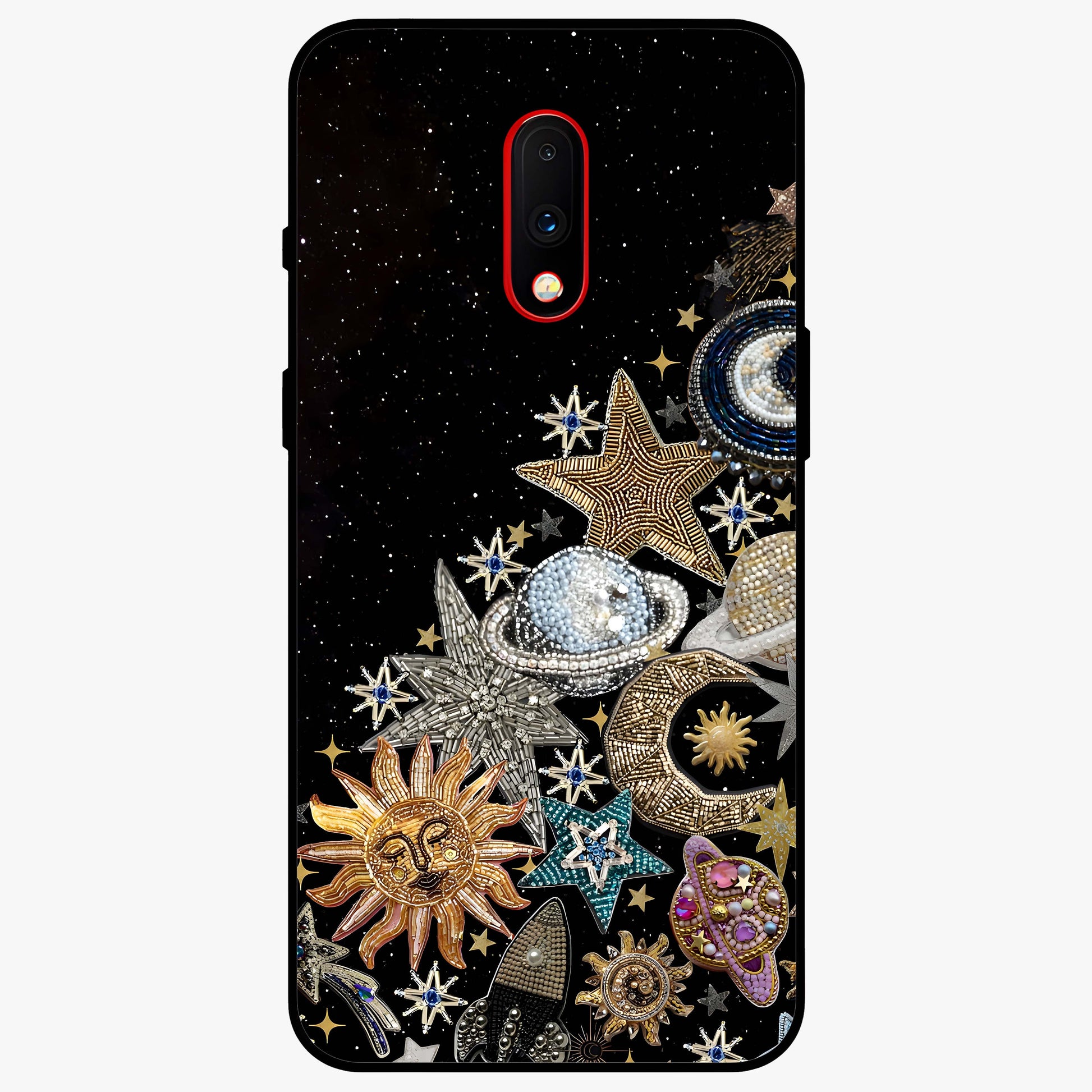 Cosmic Sparkle Dreams Glass Case showing flat back view with sparkling cosmic artwork and glossy glass finish.