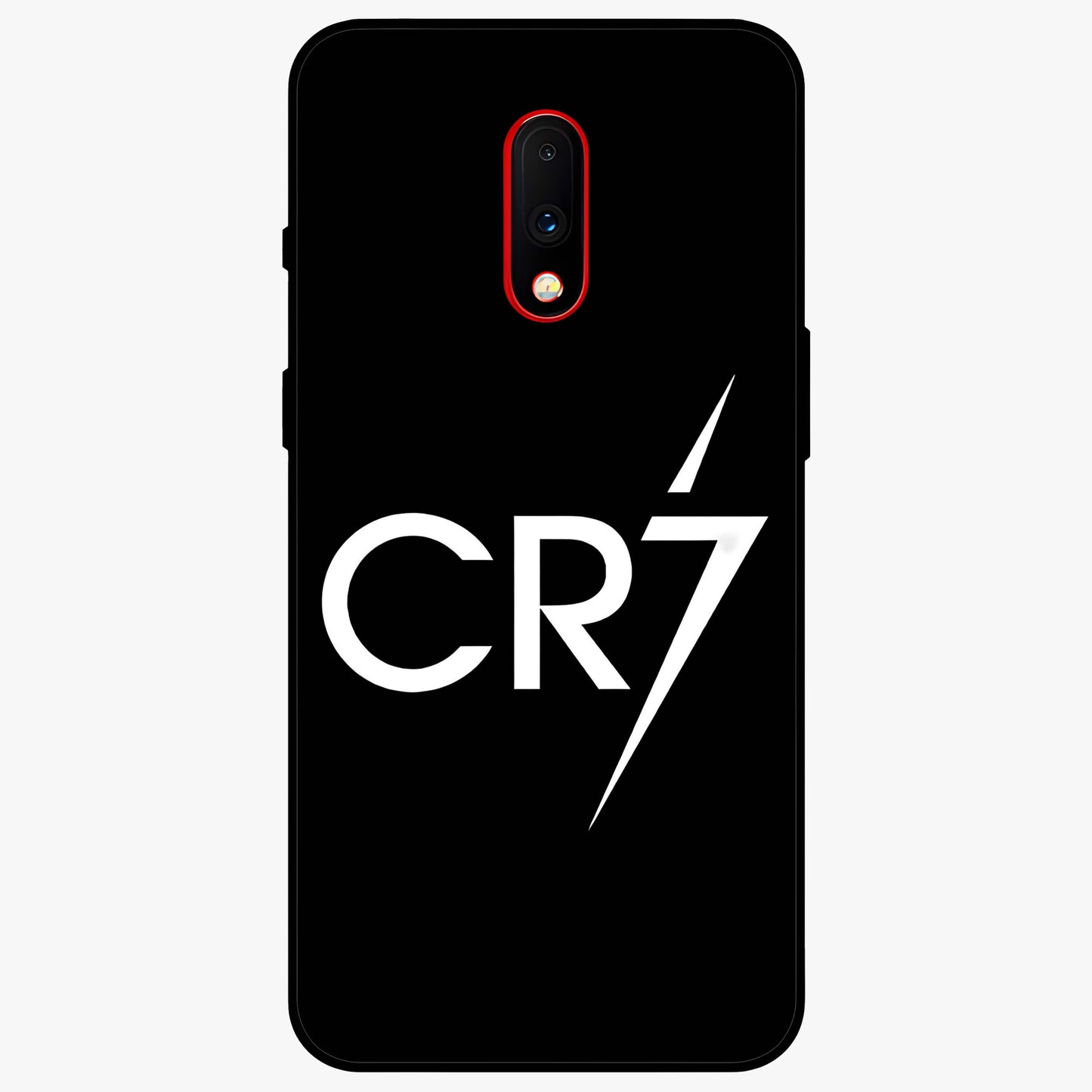 Cr7 Elite Strike Glass Case showing flat back view with dynamic football inspired artwork and glossy glass finish.