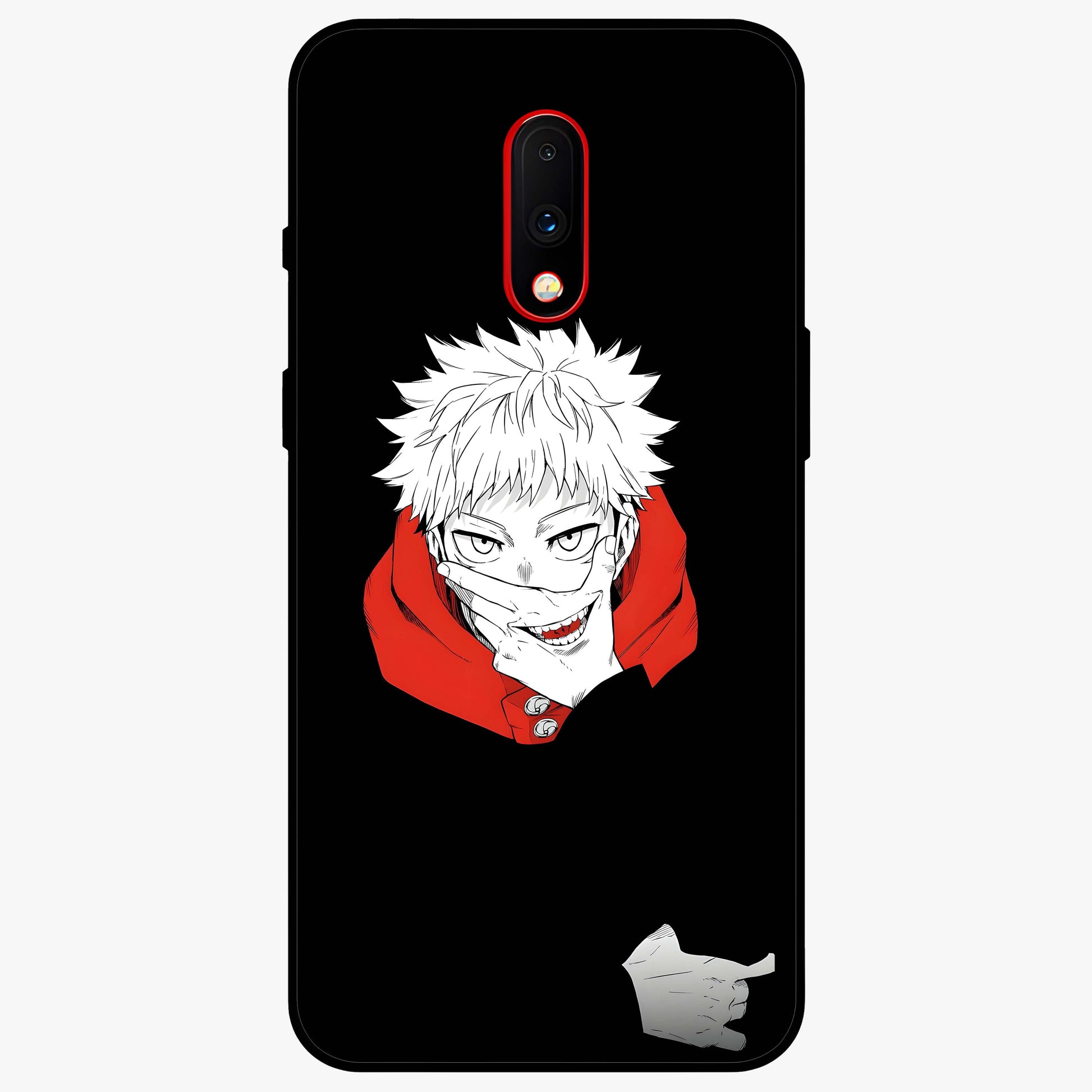 Crimson Chaos Smile Glass Case showing flat back view with bold chaotic smile artwork and glossy glass finish.