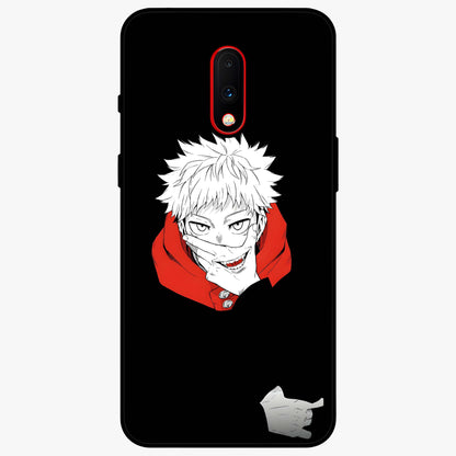 Crimson Chaos Smile Glass Case showing flat back view with bold chaotic smile artwork and glossy glass finish.