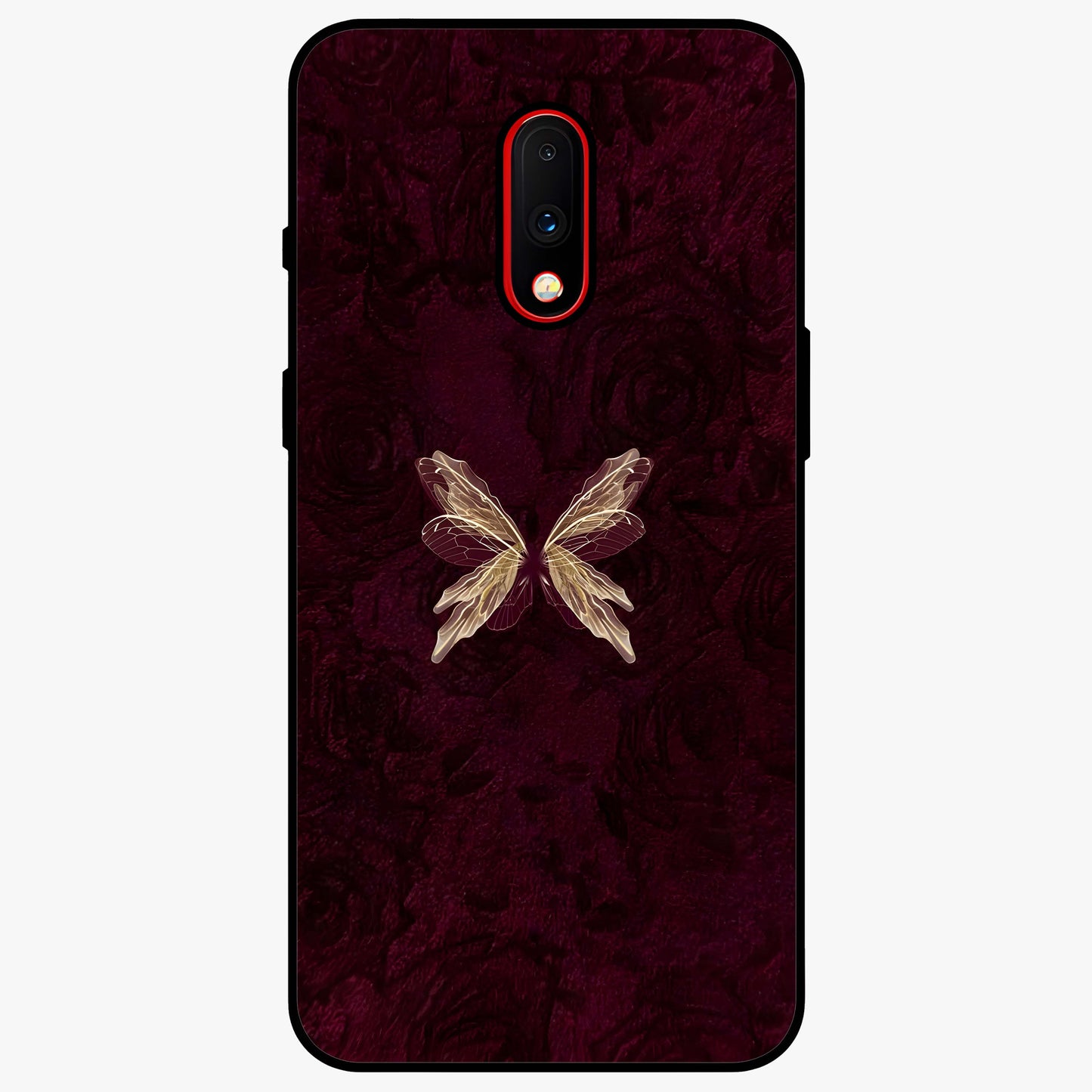 Crimson Fade Butterfly Glass Case showing flat back view with fading butterfly artwork and glossy glass finish.