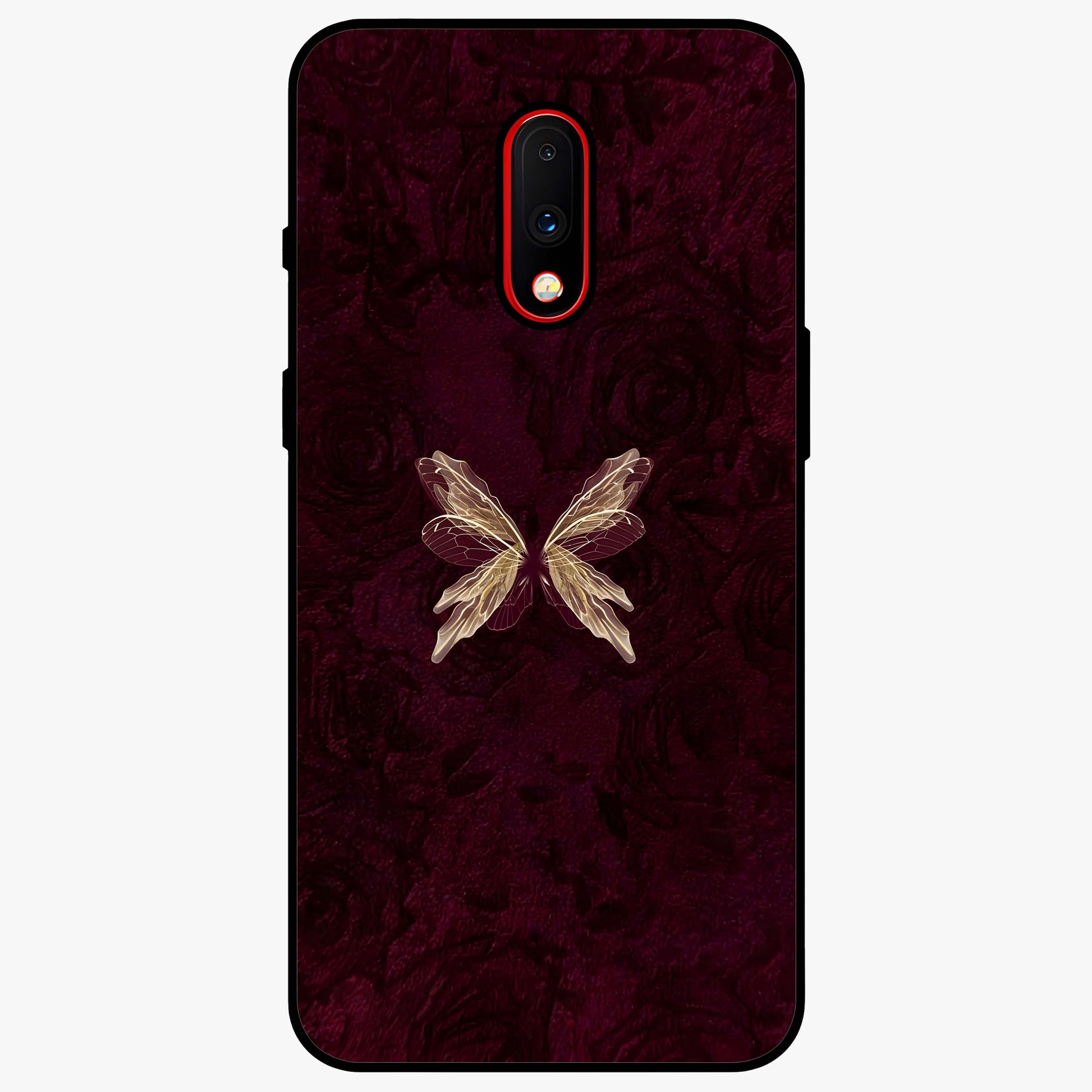 Crimson Fade Butterfly Glass Case showing flat back view with fading butterfly artwork and glossy glass finish.
