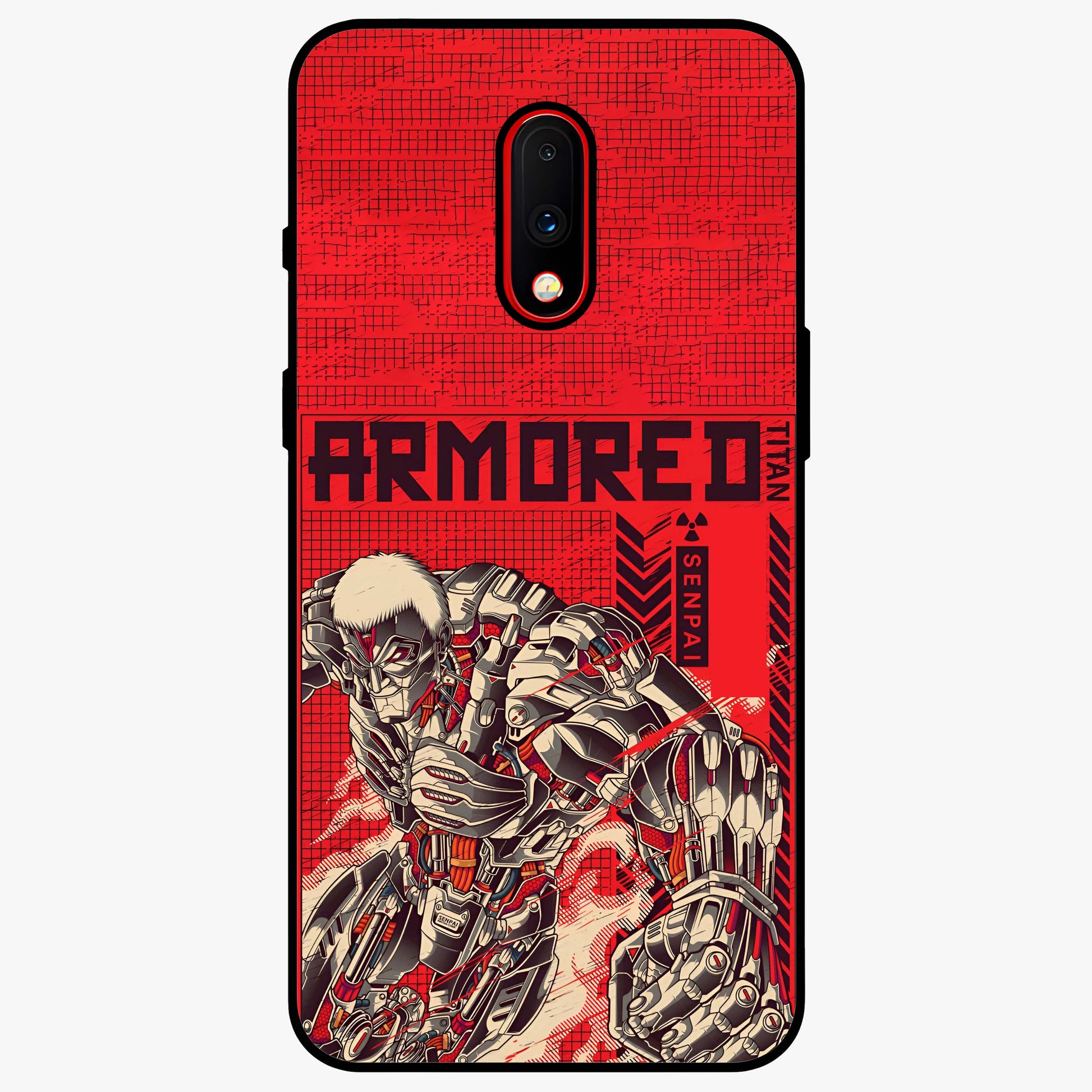 Crimson Mecha Titan Glass Case showing flat back view with powerful mech titan artwork and glossy glass finish.